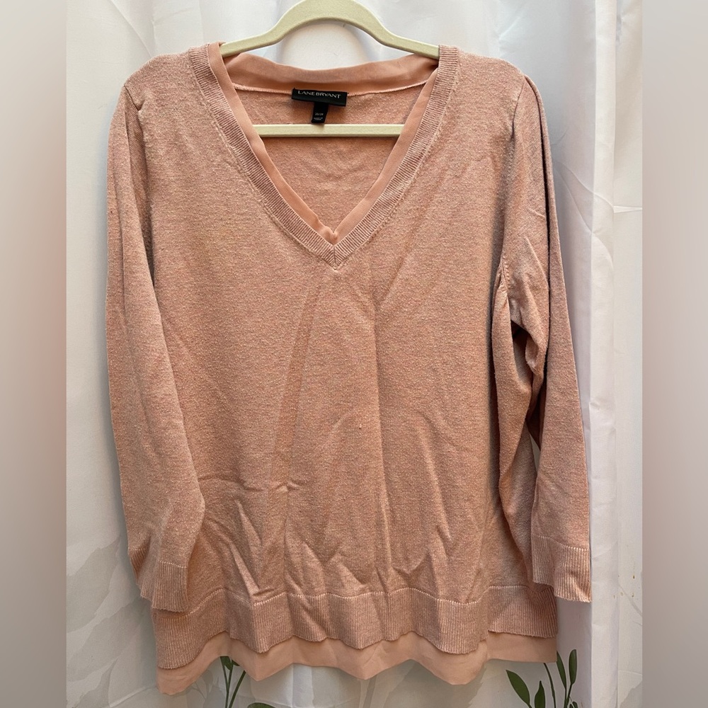 Lane Bryant V-Neck Sweater with Chiffon Trim - Pink - Size 26/28